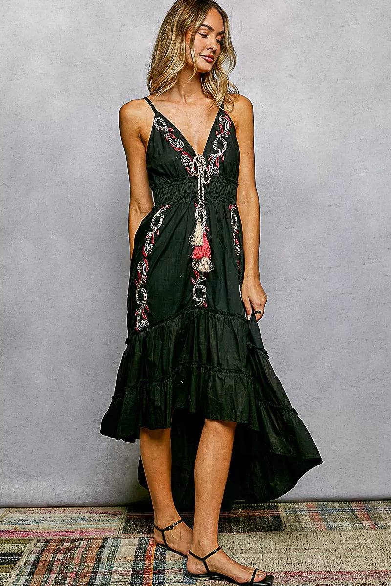 POL Embroidered Detail Tassel Tie Smocked Waist Midi Tiered Cami Dress-1