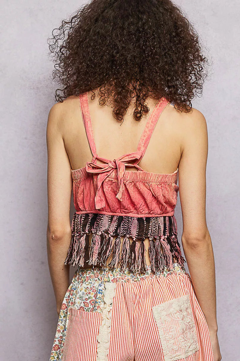 POL Lace-Up Fringe Hem Tank with Lace Detail-3