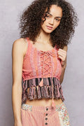 POL Lace-Up Fringe Hem Tank with Lace Detail-0