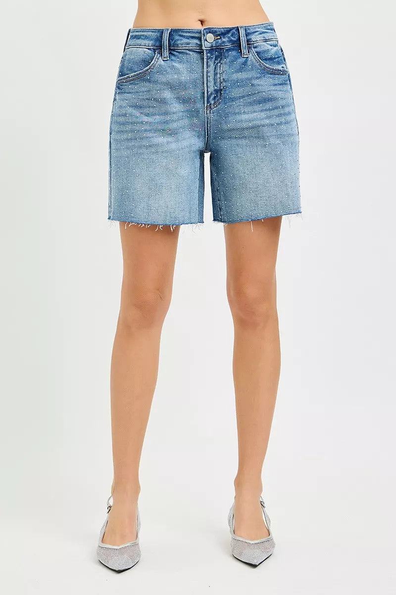 RISEN Slouchy Mid Length All Over Rhinestones Shorts-4
