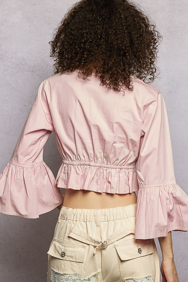 POL Floral Embroidered Cropped Blouse with Flared Ruffle Sleeves-3