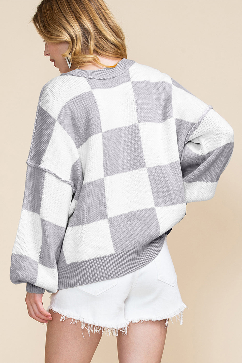 Gray Checkered Bishop Sleeve Sweater