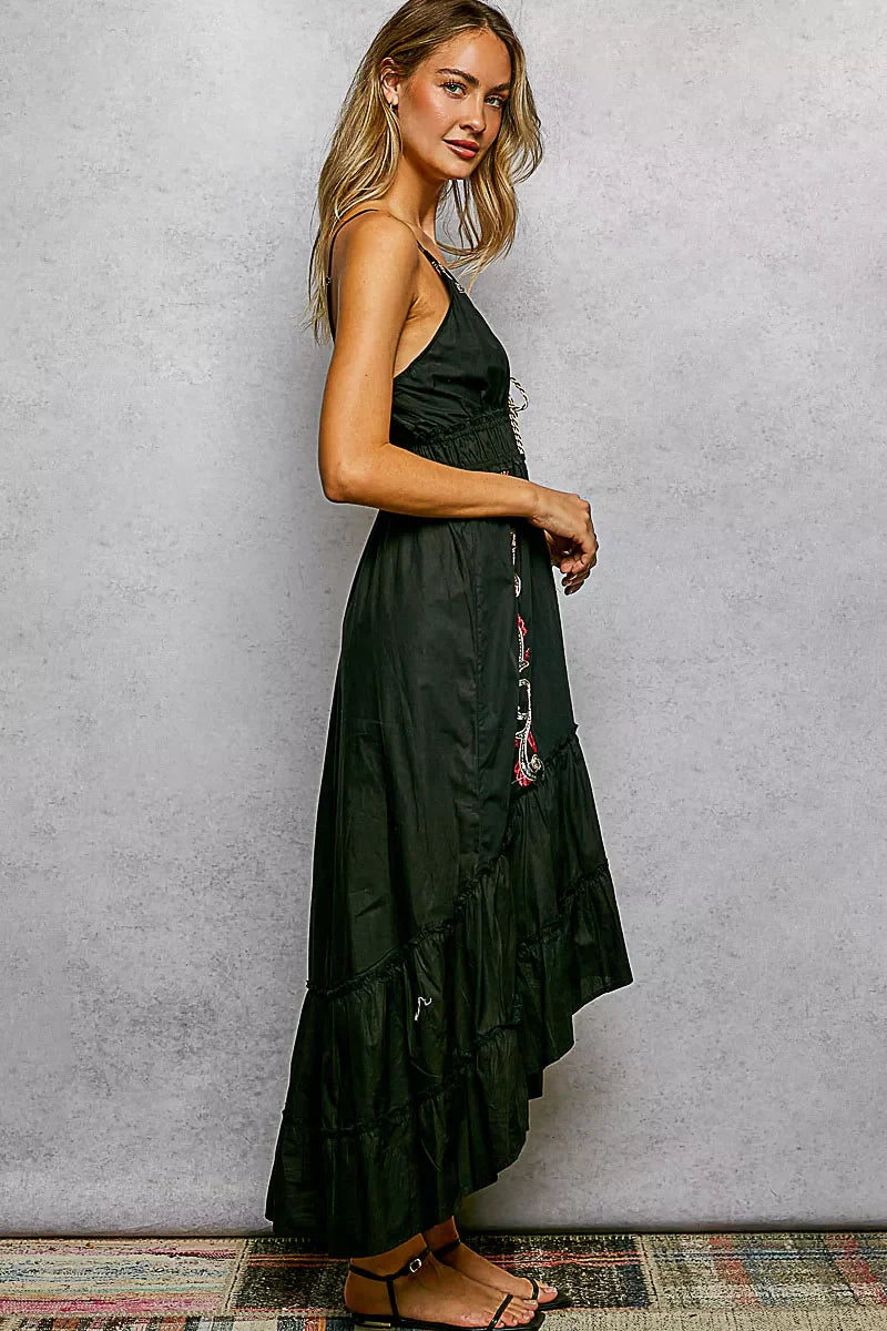 POL Embroidered Detail Tassel Tie Smocked Waist Midi Tiered Cami Dress-3