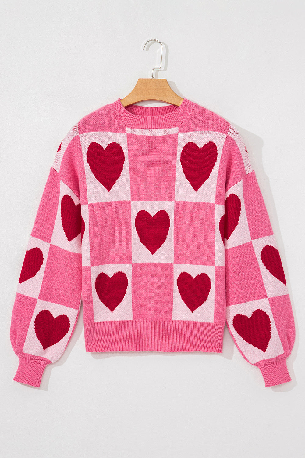 Pink Love Heart Checkered Valentine Crew Neck Sweater