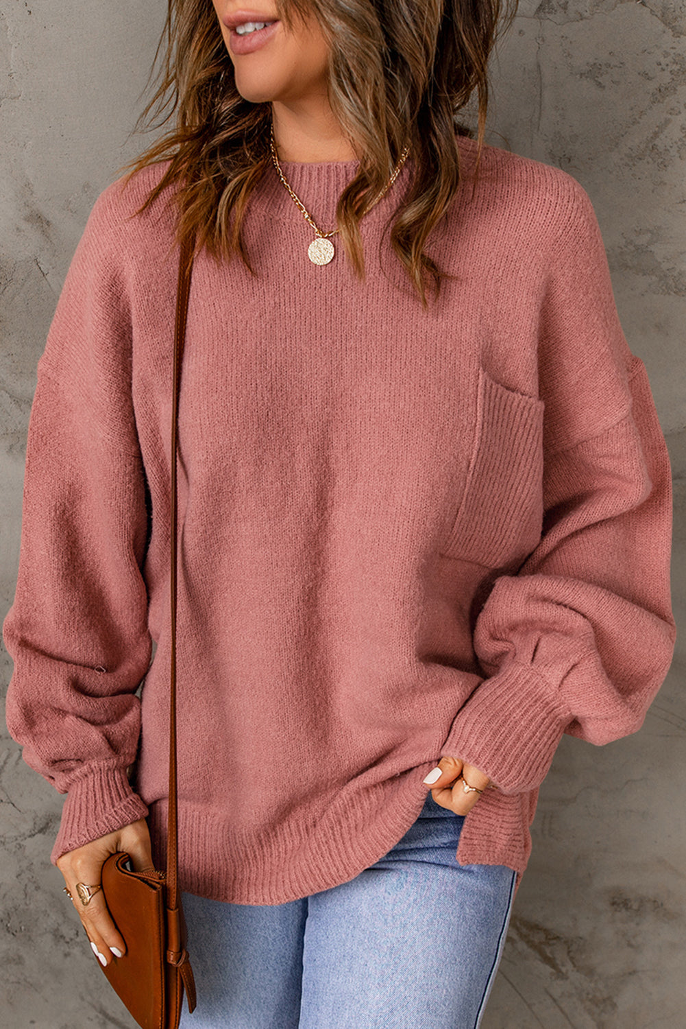 Solid Color Puffy Sleeve Pocketed Sweater