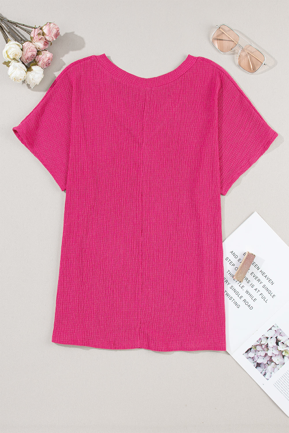 Bright Pink Crinkled V Neck Wide Sleeve T-shirt