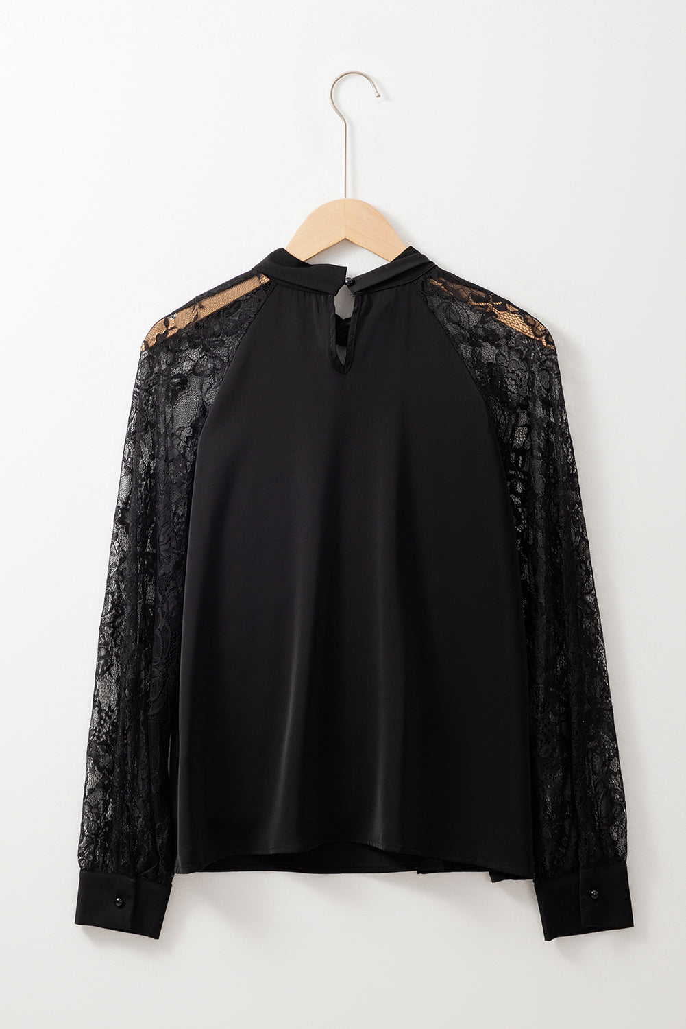 Black Keyhole Neckline Floral Lace Raglan Sleeve Blouse