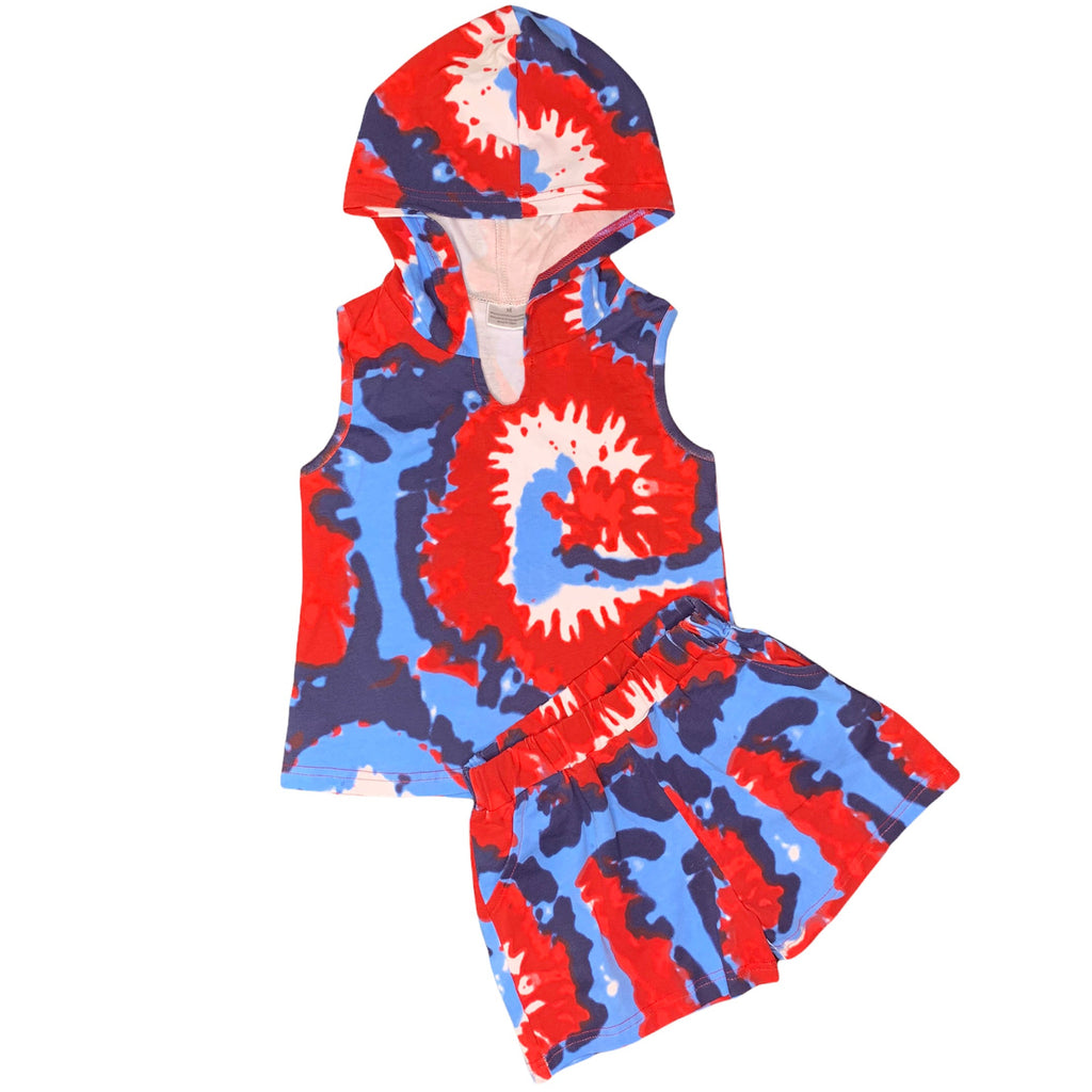 AnnLoren Girls Boys Red White & Blue Tie Dye Hoodie Tank and Shorts Set 4th of July-0
