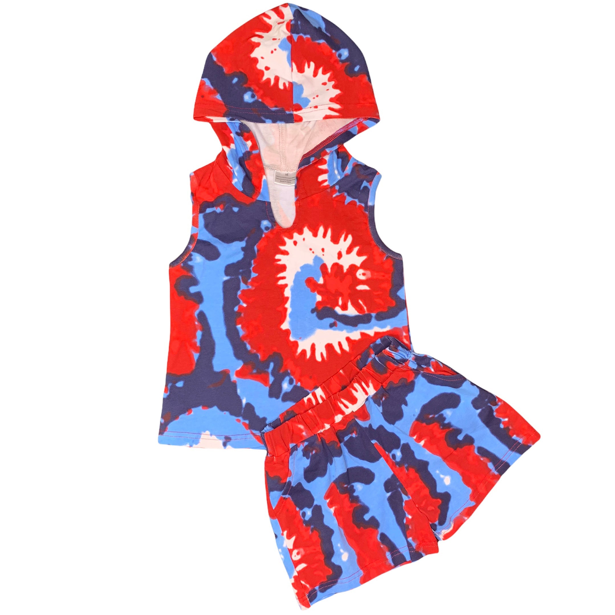 AnnLoren Girls Boys Red White & Blue Tie Dye Hoodie Tank and Shorts Set 4th of July-0