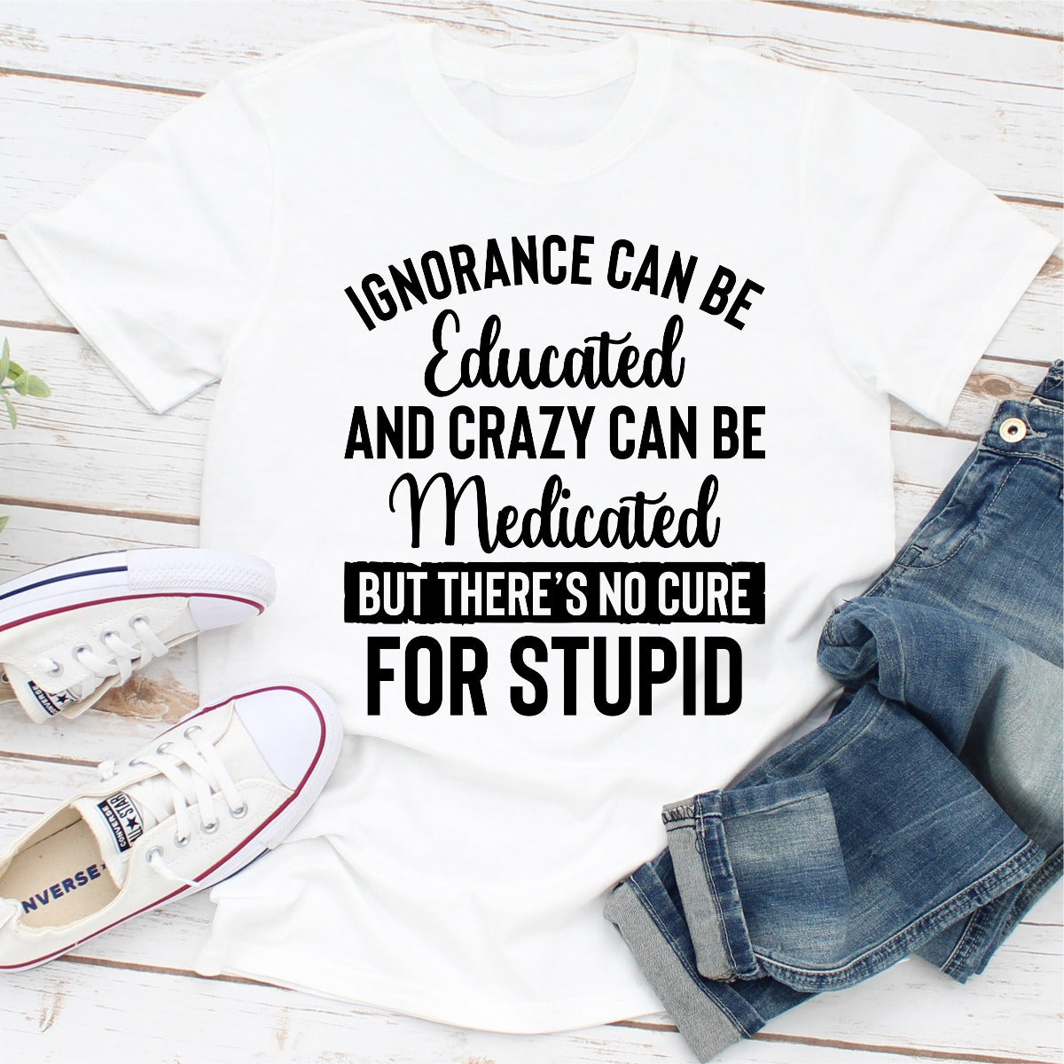Ignorance Can Be Educated Crazy Can Be Medicated But There's No Cure For Stupid T-Shirt-0