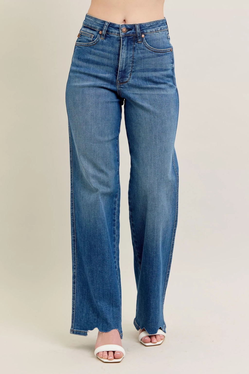 Judy Blue Full Size High Waist Tummy Control Chew Hem Destroy Wide Jeans Plus Size-3