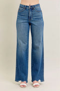 Judy Blue Full Size High Waist Tummy Control Chew Hem Destroy Wide Jeans Plus Size-0