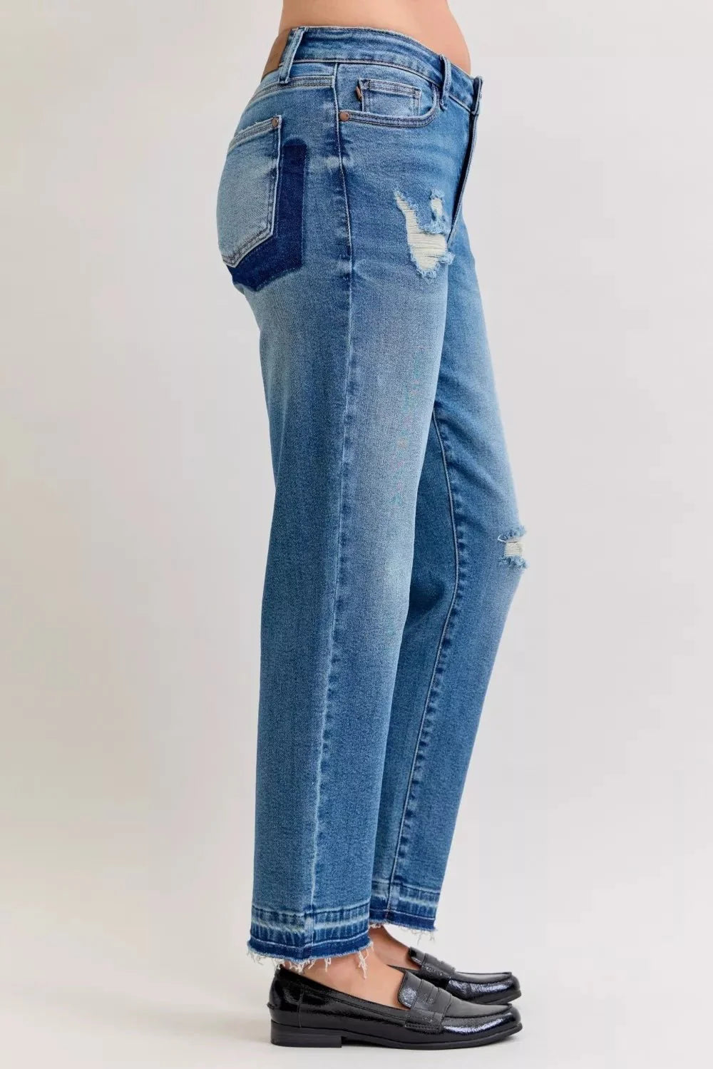 Judy Blue Full Size Mid Rise Bf Patch & Repair Destroy Release Hem Jeans Plus Size-3