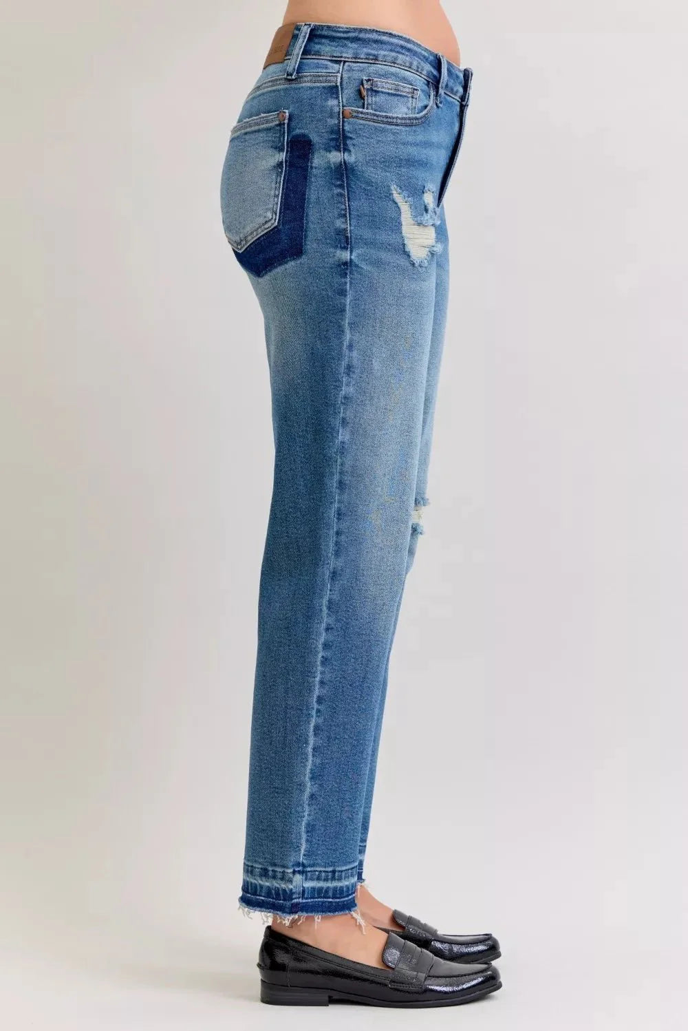 Judy Blue Full Size Mid Rise Bf Patch & Repair Destroy Release Hem Jeans Plus Size-2