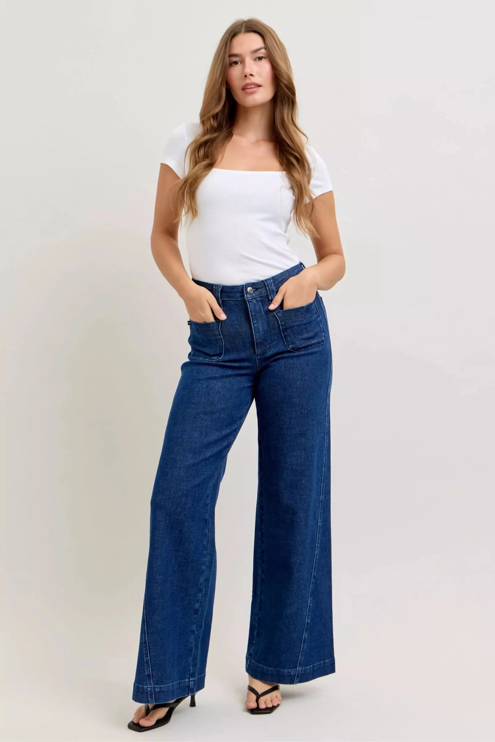 Judy Blue High-Waisted Retro Wide Jeans with Patch Pkts & Twisted Seams-4