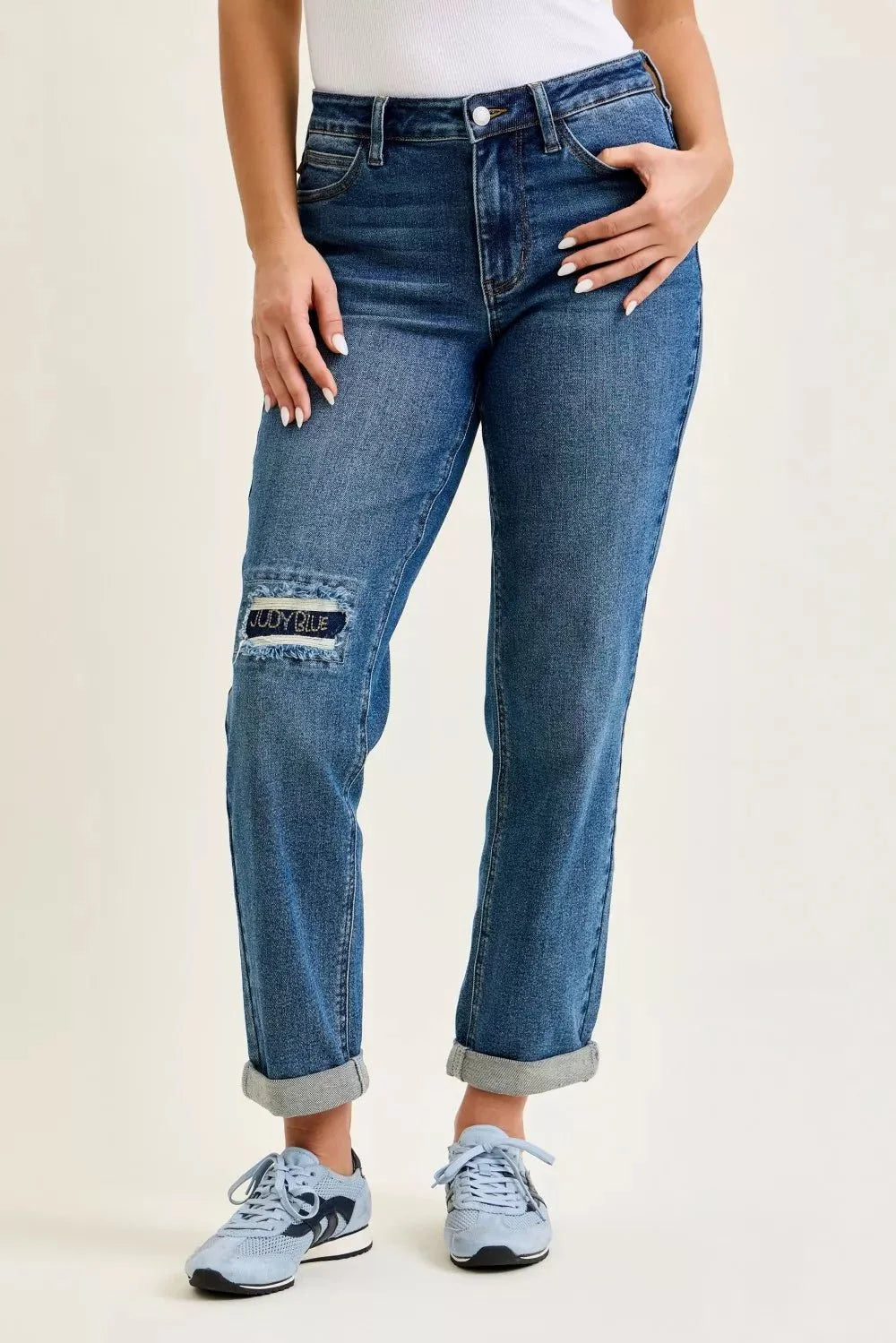 Judy Blue Mid Rise Boyfriend Embroidered Repair Patch Jeans-0