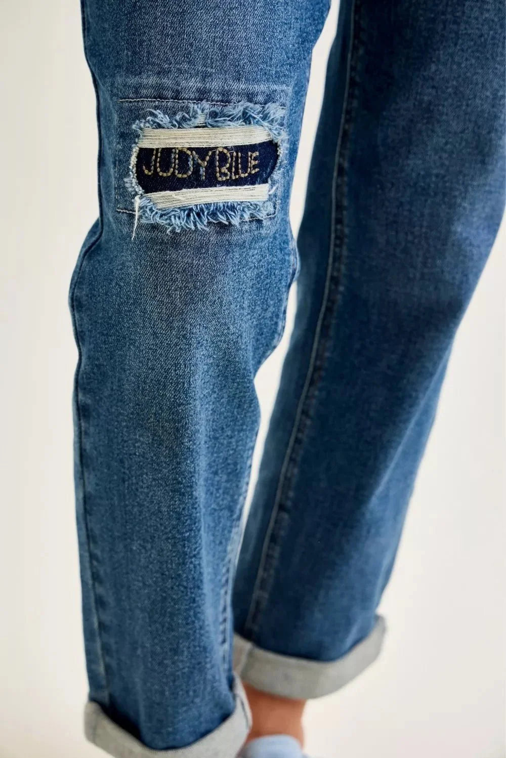 Judy Blue Mid Rise Boyfriend Embroidered Repair Patch Jeans-4