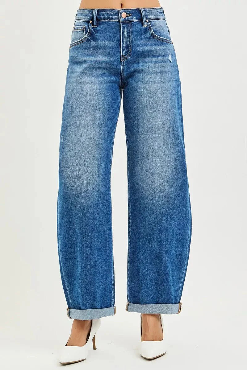RISEN Full Size Mid Rise Barrel Double Roll Up Jeans Plus Size