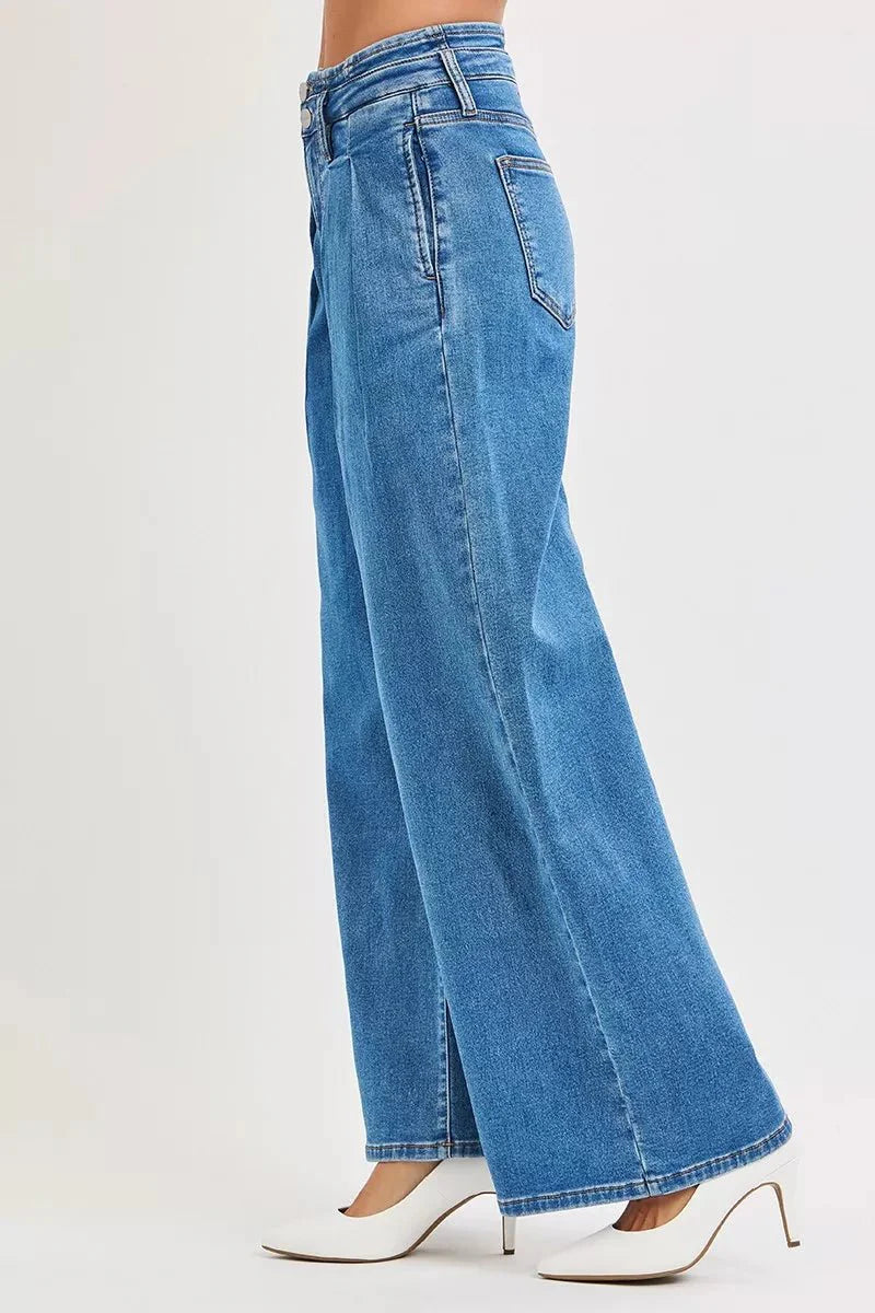 RISEN Full Size Mid Rise Fit Wide Leg with Pleated Detail Jeans Plus Size-3