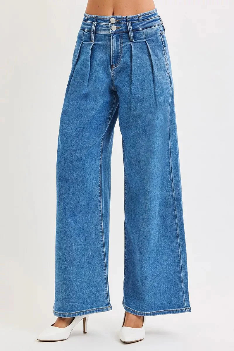 RISEN Full Size Mid Rise Fit Wide Leg with Pleated Detail Jeans Plus Size-1