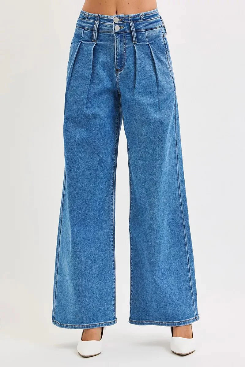 RISEN Full Size Mid Rise Fit Wide Leg with Pleated Detail Jeans Plus Size-2