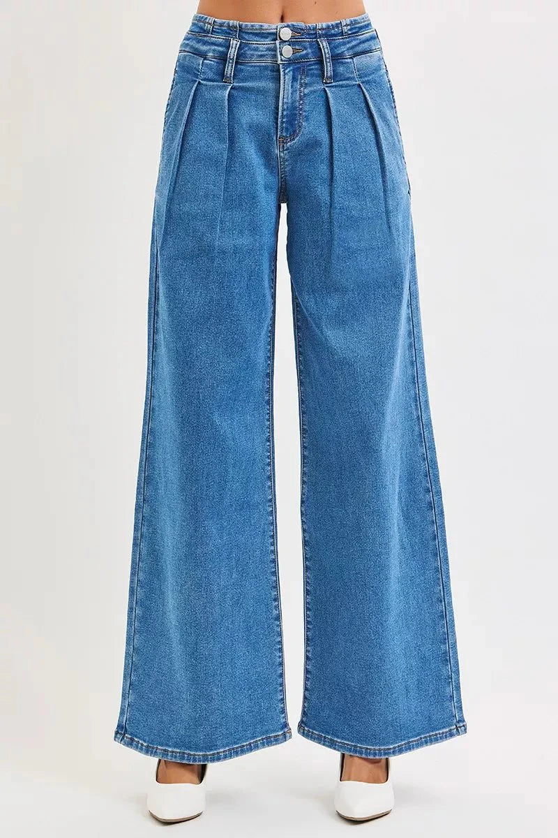 RISEN Full Size Mid Rise Fit Wide Leg with Pleated Detail Jeans Plus Size-0