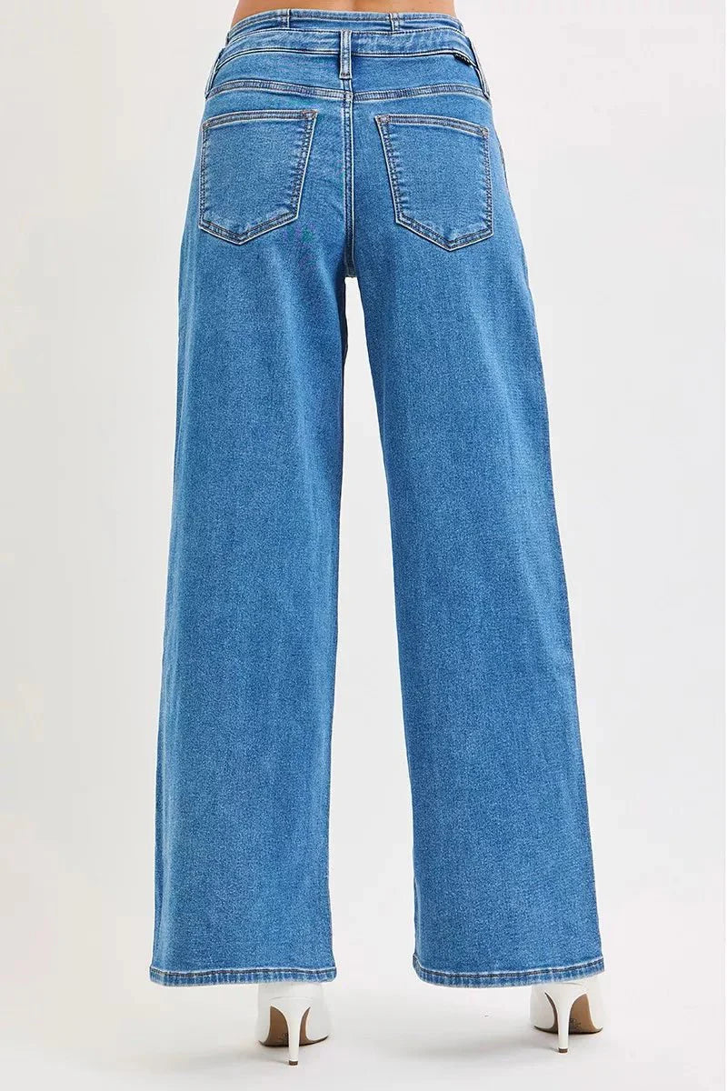 RISEN Full Size Mid Rise Fit Wide Leg with Pleated Detail Jeans Plus Size-4