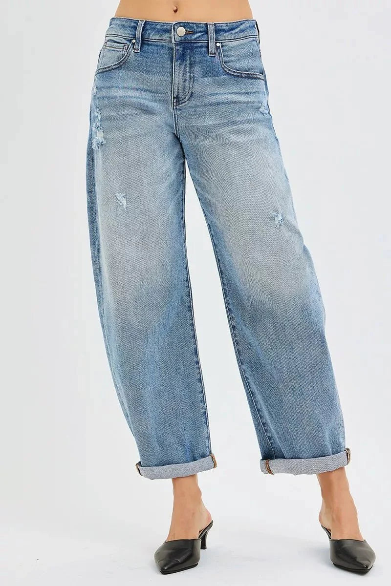 RISEN Full Size Slouchy Ankle Length Barrel Jeans with Cuffs Plus Size