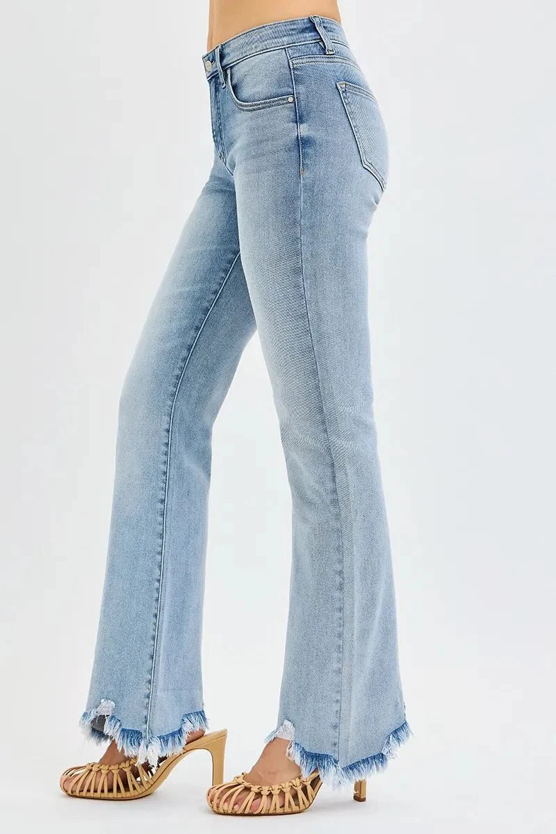 RISEN Full Size Tummy Control Mid Rise Flare Jeans with Fray Hem Detailed Plus Size
