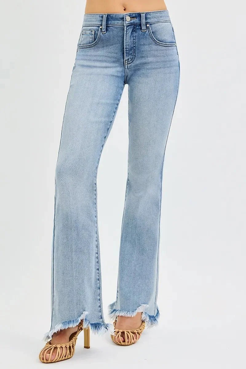 RISEN Full Size Tummy Control Mid Rise Flare Jeans with Fray Hem Detailed Plus Size