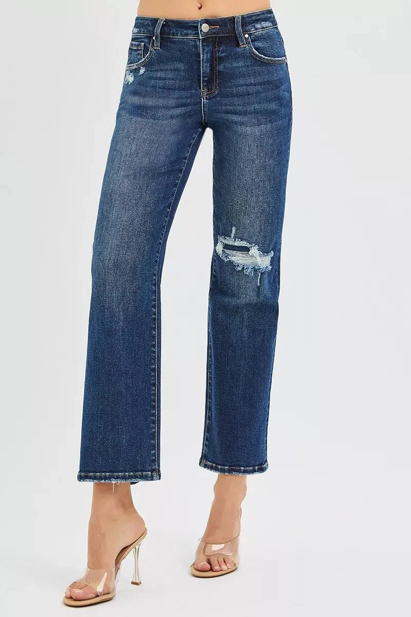 RISEN High Rise Crop Slim Straight Jenas with Hidden Knee Patch-2