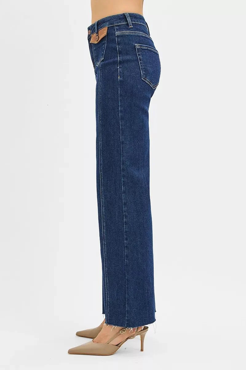 RISEN High Rise Wide Flare Jeans with Front Leather Pocket Detail-3