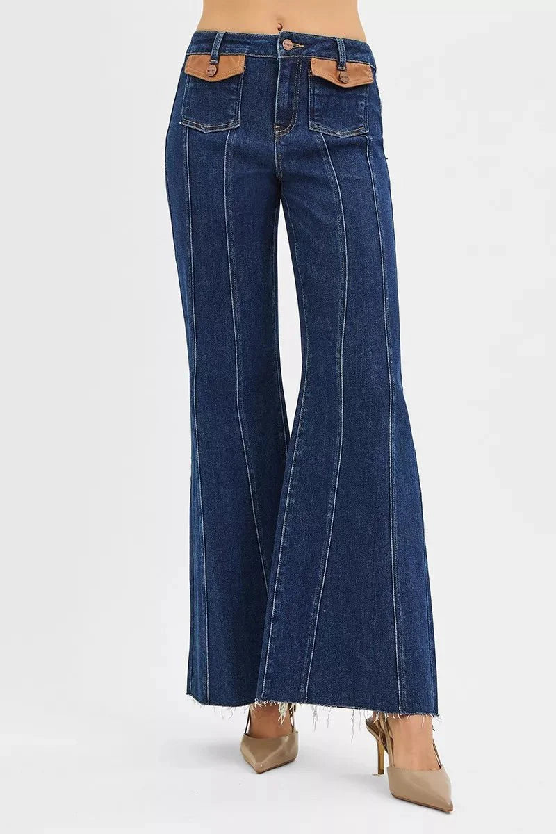 RISEN High Rise Wide Flare Jeans with Front Leather Pocket Detail-2