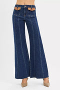 RISEN High Rise Wide Flare Jeans with Front Leather Pocket Detail-0
