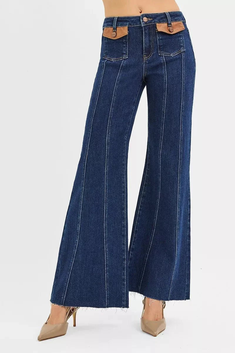 RISEN High Rise Wide Flare Jeans with Front Leather Pocket Detail-1