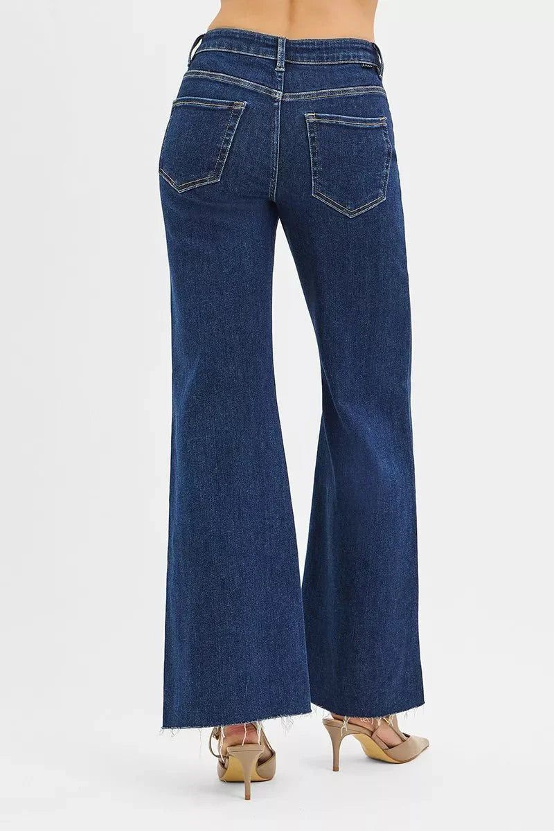 RISEN High Rise Wide Flare Jeans with Front Leather Pocket Detail-4
