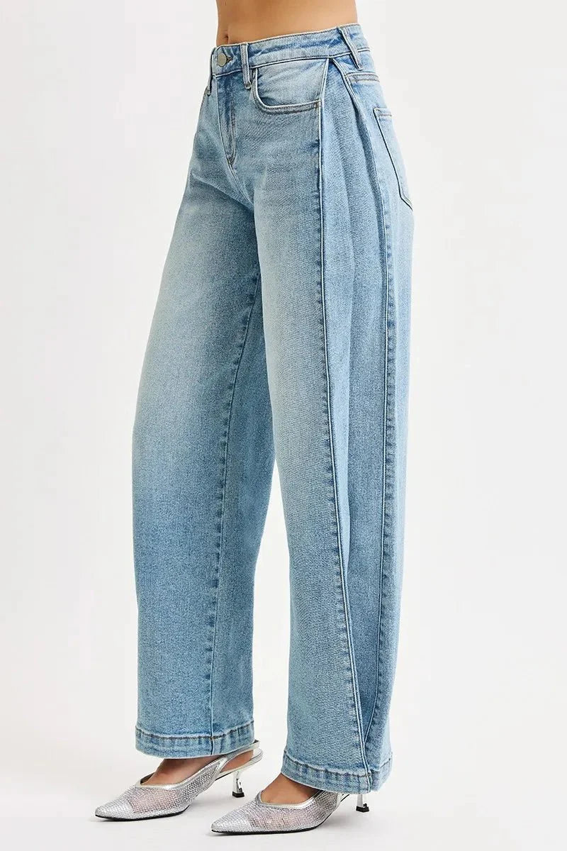 RISEN Mid Rise Wide Barrel Transferable Leg Snap Jeans-4