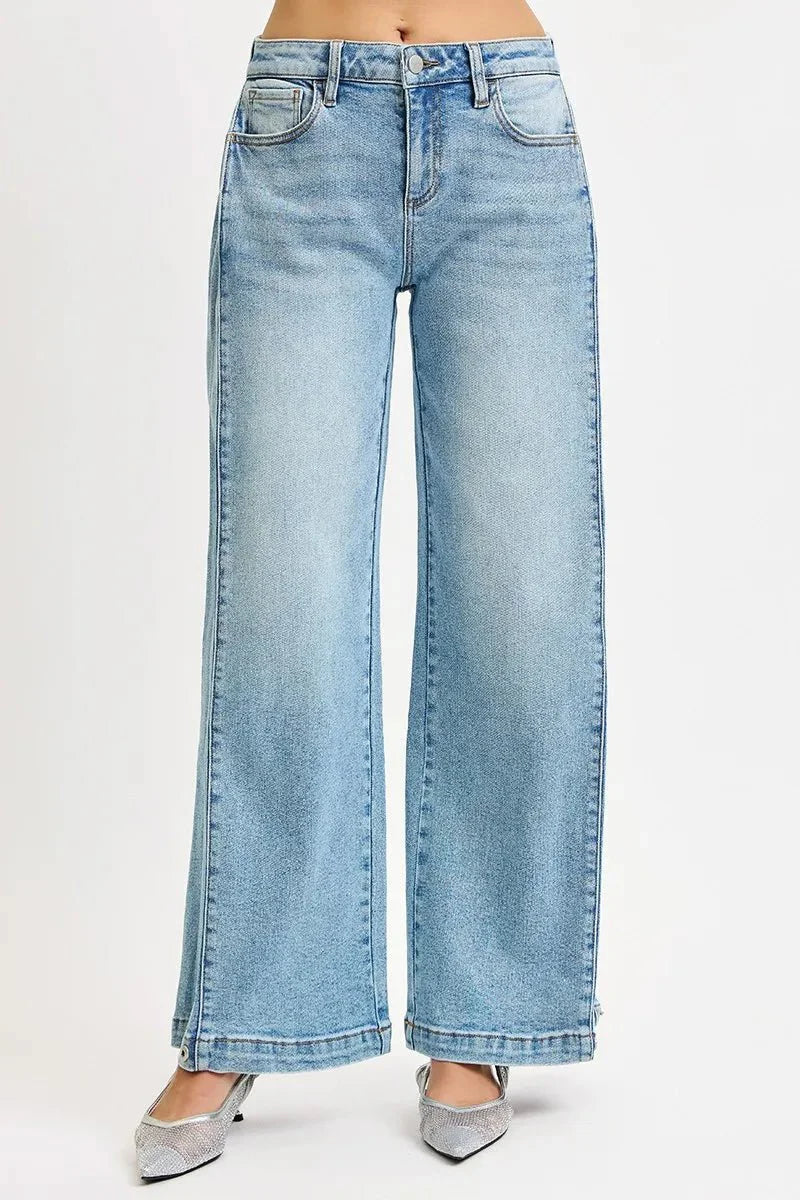 RISEN Mid Rise Wide Barrel Transferable Leg Snap Jeans-3