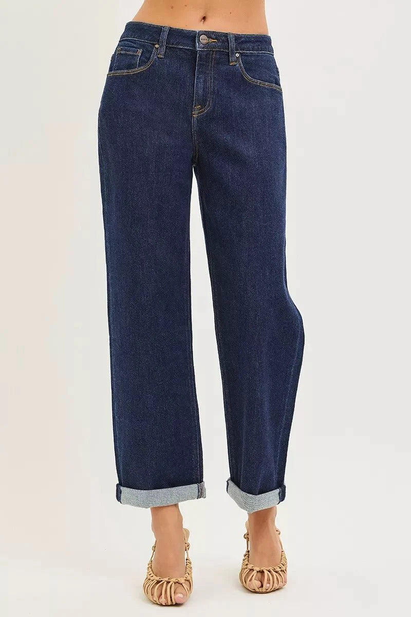 RISEN Slouchy Cropped  Boyfriend Jeans With Cuffed Hem-2