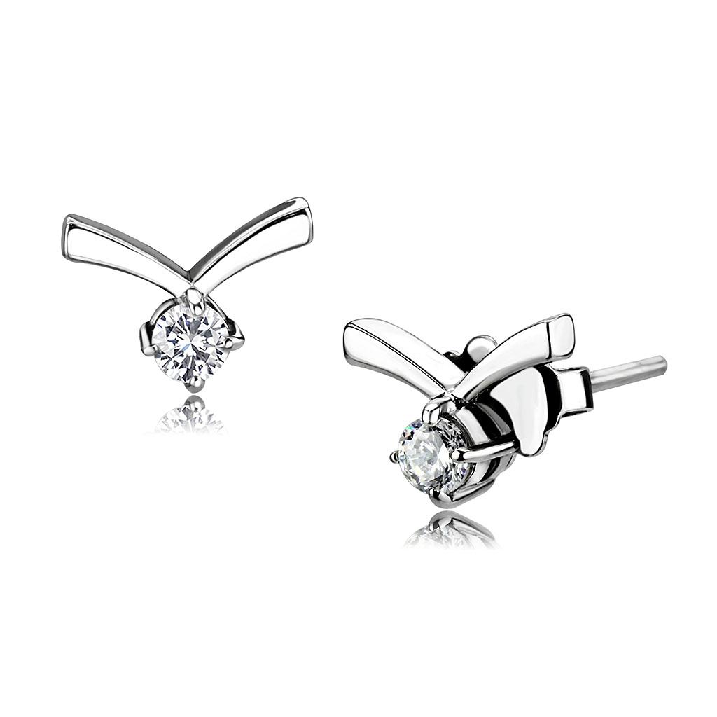 TK3657 - High polished (no plating) Stainless Steel Earrings with AAA Grade CZ  in Clear-0
